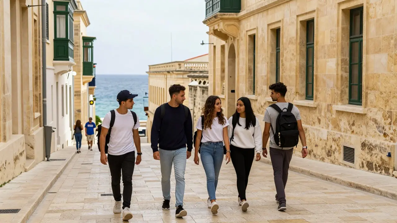 Sinh viên lập trình trên máy tính xách tay trong thư viện đại học ở Malta, phía sau là cửa sổ nhìn ra thành phố ven biển