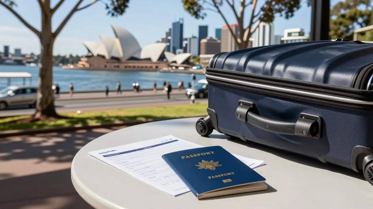 Hộ chiếu và giấy tờ xin visa du học Úc đặt cạnh máy tính nộp hồ sơ trực tuyến